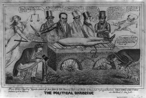 A ninteenth century political cartoon depicting Andrew Jackson being roasted over a barbecue, with several people watching and commenting on his demise.