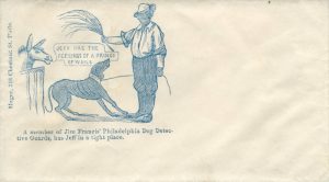 An envelope with an illustration of an African American holding the leash of a cowering dog in one hand and a switch in the other. Text reads "Jeff has the feelings of the Prince of Wails" and "A member of Jim Francis' Dog Detectives has Jeff in a tight place."