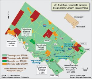 Colorful map representing household income. Map is in the shape of Montgomery County. The key notes that areas filled in with green make over $75,000 in household income and areas in red or orange make less than $75,000. Most of the map is green, but red and orange areas are visible, mostly neat the borders of the county map.