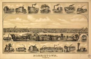 A sepia tone illustration of Norristown from the Schuylkill River framed by smaller illustrations of industrial buildings