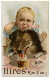 A color illustration of a collie-type dog lapping root beer from a glass. Behind him there is a child with a look of sadness on his face. Text reads 