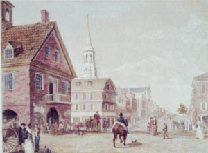 A color illustration of market street as it appeared in the late eighteenth century. The old Court House and Christ Church are seen on the left.