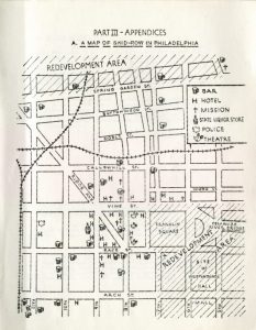 a hand-drawn map of an area of Philadelphia just northwest of Independence National Historical Park. The map has hotels, Independence Mall, and other landmarks denoted. The areas north of Spring Garden Street and surroundingIndependence Hall and are labled "redevelopment area".