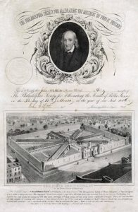 a membership certificate for the Pennsylvania Prison Society. Top half is dominated by a vignette portrait of Bishop William White. Below the portrait is an illustration of Eastern State Penitentiary, a prison complex of eight long halls connected to a central hub. The building is surrounded by a stone wall.