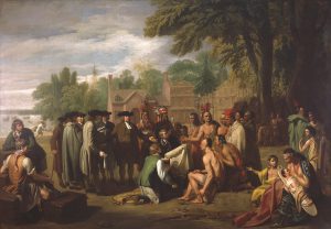 a color painting portraying the traditional meeting between William Penn and the Lenni-Lenape on the bank of the Delaware River.