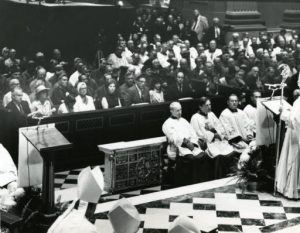 Papal Legate James Cardinal Knox addresses the congregation prior to the opening Mass at the Cathedral Basilica of Saints Peter and Paul on August 1, 1976 during the 41st annual Eucharistic Congress in Philadelphia.