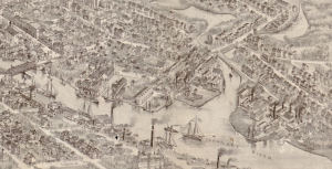 This black and white map segment shows the main port area of Bridgeton. Several sailboats navigate an illustrated river labeled "Cohansey River" and approach a bridge. Intricately detailed buildings and streets appear on all sides of the river.