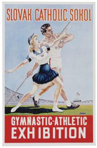 A mid-twentieth century color poster featuring a man and a woman in a sports stadium. The man holds a javelin and the woman mirrors his pose. Large red and white text announces the "Slovak Catholic Sokol Gymnastic-Athletic Exhibition."