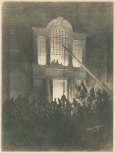 A drawing of the Liberty Bell being welcomed back to Philadelphia after a cross-country tour.