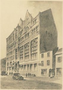 This black and white drawing shows the exterior of the Philadelphia College of Pharmacy. A few 1920s-era cars are parked on the street and some people pass by on the sidewalk.