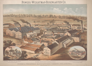 This color advertisement shows the full campus of the Powers-Weightman-Rosengarten Company at Schuylkill Falls. Many lage factory buildings with smokestacks are visible. The image also includes small close-ups of the Tartaric and Citric Acid Department and the Laboratory for Fine Chemicals.