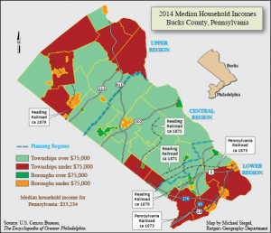 This color map shows Bucks County's median household incomes by region. The Central region largely contains townships and boroughs with median incomes above $75,000, while the upper and lower regions generally fall below this amount.