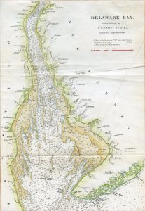 This color map shows the Delaware Bay in 1778. The numbers scattered across the map indicate depth in feet.