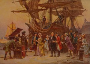 This is a painting of Benjamin Franklin arriving home in Philadelphia. Franklin stands proudly in front of a grand wooden ship, surrounded my citizens welcoming him home.