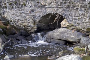 This color photograph shows a stream running underneath a stone bridge at Nockamixon State Park.