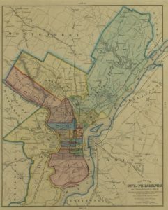 This color map shows the borders of Philadelphia after the 1854 Consolidation Act. The neighborhood limits for various areas, such as Germantown and Manayunk, are indicated by color.