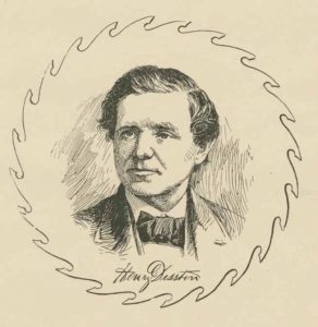 This black and white illustration shows saw manufacturer Henry Disston. He is framed within the shape of a saw and his signature is shown directly below him.