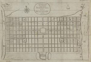 A simple line map of the Center City grid plan with land allotments, roads, and public squares marked