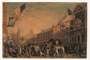 An illustration of a large crowd of men in front of Independence Hall on election day in 1815. American flags fly prominently from several buildings.