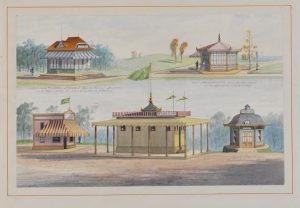 Five pavilions of different architectural styles at the 1876 Centennial Exposition