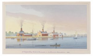 Watercolor depicting Dyottville glass works factory on the Delaware River with boats in foreground.