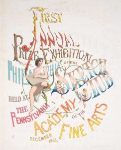 Color print featuring cherubs drawing and text that reads "first annual prize exhibition of the Philadelphia Sketch Club held at the Pennsylvania Academy of the Fine Arts".