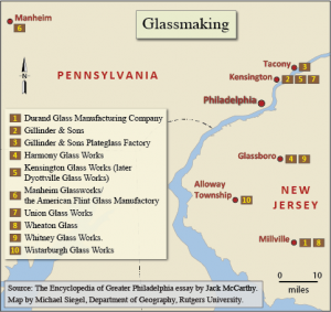 Color map indicating locations of major glass makers in the Greater Philadelphia Region