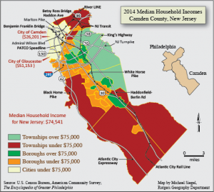 a colored map of Camden County depicting the average median household income in the county's towns and cities