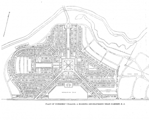 an overhead simplified line drawing of the Yorkship Village neighborhood of Camden. Houses, streets, parks, and rivers are illustrated. 