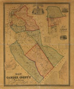 a colored map of Camden County in 1857 with major rail lines, turnpikes, cities, and townships marked.