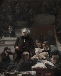 Oil painting depicting a surgeon surrounded by assistants in an amphitheater performing an operation on a patient's thigh.