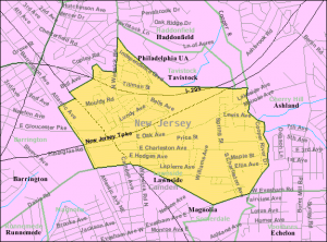 Color map indicating outline of borough of Lawnside with surrounding towns.