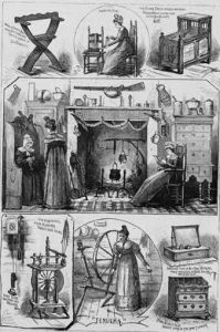 A black and white illustration with multiple small vignettes depicting the colonial farm-house exhibit that was built for the Centennial Exposition. These vignettes are a cradle, a women sitting in high-backed chairs in front of a fireplace with cooking pots, and a woman operating a spinning wheel