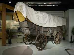 A color photograph of a conestoga wagon with wooden frame and wheels and a cloth cover. The wagon is on display inside of a museum setting.