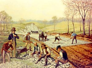 A Carl Rakeman painting of the first Macadam Road in the United States.