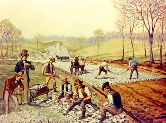 A Carl Rakeman painting of the first Macadam Road in the United States.