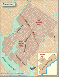 map showing Mount Airy location within Philadelphia, and larger map with West and East Mount Airy shown