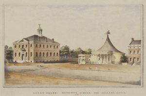 Color print depicting Ricketts' circus tent in Philadelphia.