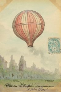 Photograph of the first public demonstration of a hot air balloon flight by the Montgolfier brothers in Annonay, France.