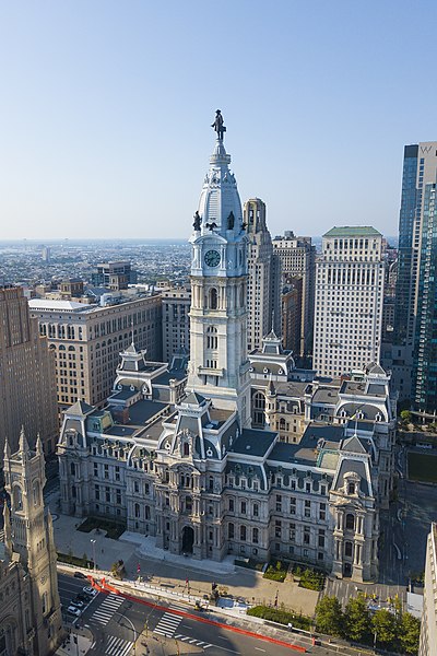 Photograph of Philadelphia City Hall showing the Philadelphia skyline.