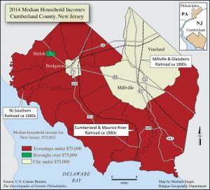 Map of 2014 median household incomes in Cumberland County, New Jersey.