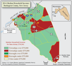 Map of Burlington County that visually matches geographic locations with median household incomes