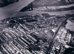 aerial view of the John A. Roebling & Sons large manufacturing complex and company town in Roebling, New Jersey