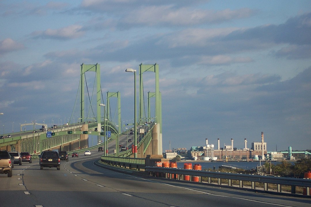 Photograph of Delaware Memorial Bridge with chemical plant in background
