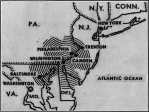 a black and white line drawn map of the Mid Atlantic states. A pattern of concentric circles originates just north of Wilmington, DE, south to Baltimore, MD, and north to Trenton, NJ denoting the epicenter of an earthquake and the distance at which it was felt.