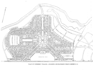 a black and white line overhead drawing of a neighborhood plan. The neighborhood has a central square with streets radiating from it and dense housing.