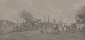 A black and white engraving of the Camden and Amboy train station in Woodbury new jersey as it appeared in 1834. A steam passenger train is sitting in the station. Several men inspect the locomotive. In the foreground, a crowd of pedestrians as well as stagecoaches and horses are seen.