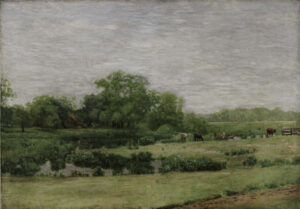 A painting of a meadow. Lush trees and greenery surround a small group of cattle grazing in the grass.