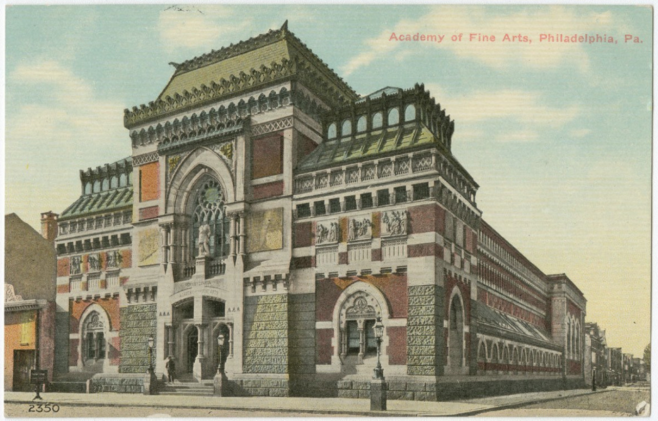A color post card depicting PAFA's historic building on Broad Street.