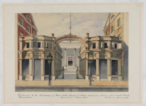 A watercolor painting of PAFA's second neoclassical building on Chestnut Street. The arched entranceway reads "Academy of the Fine Arts".
